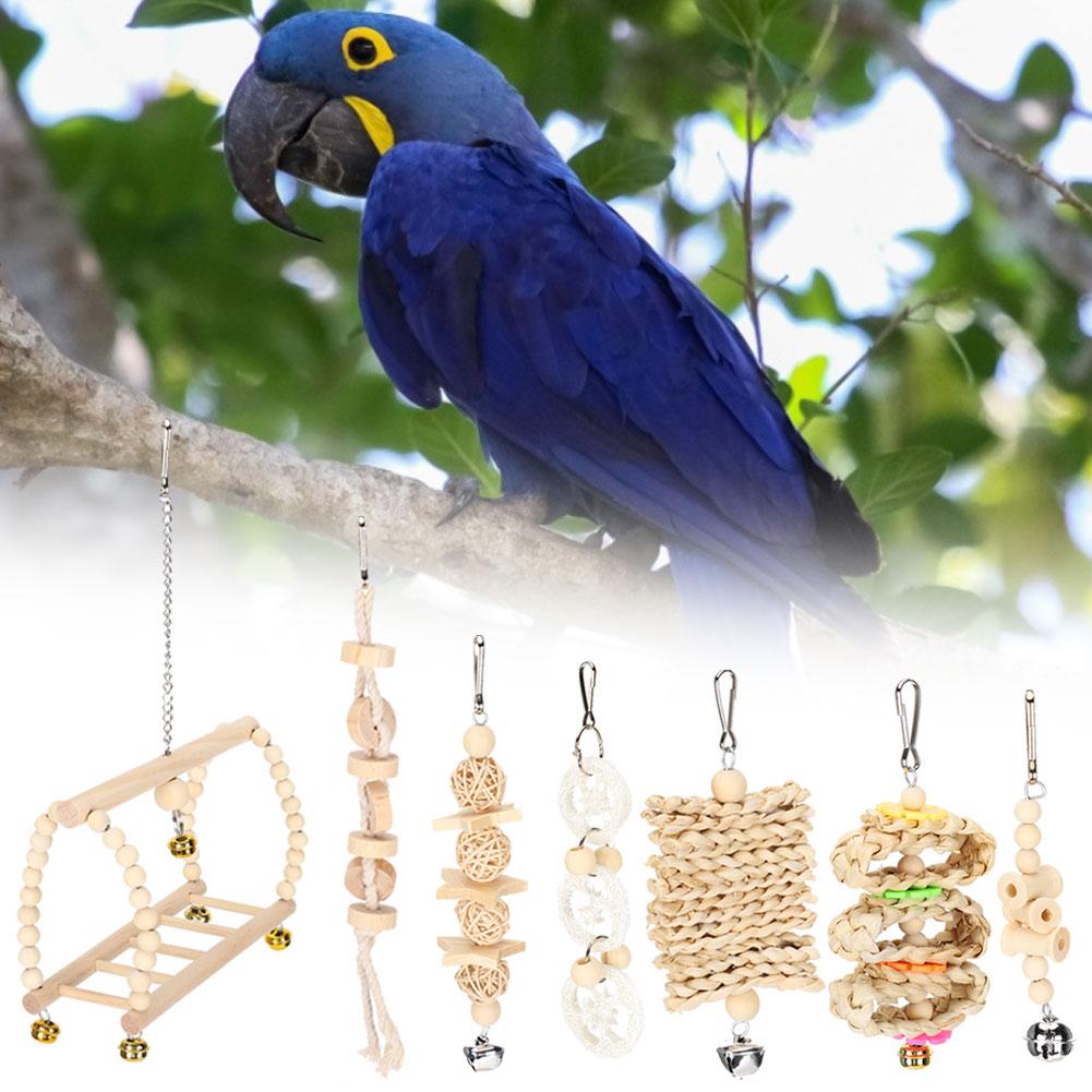 7PCS/Pack Parrot Toy Set Hanging Swing Bells  Wooden Bridge Chewing Parts Supplies