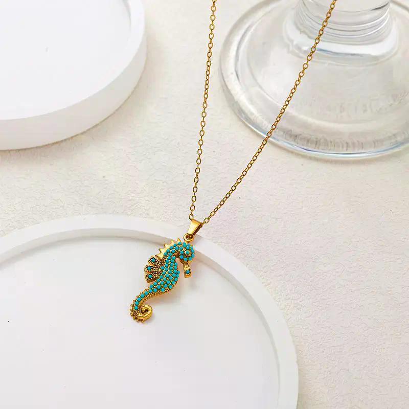 1PCS Stainless Steel Seahorse Pendant Necklace Turquoise Boho Ocean Jewelry For Women