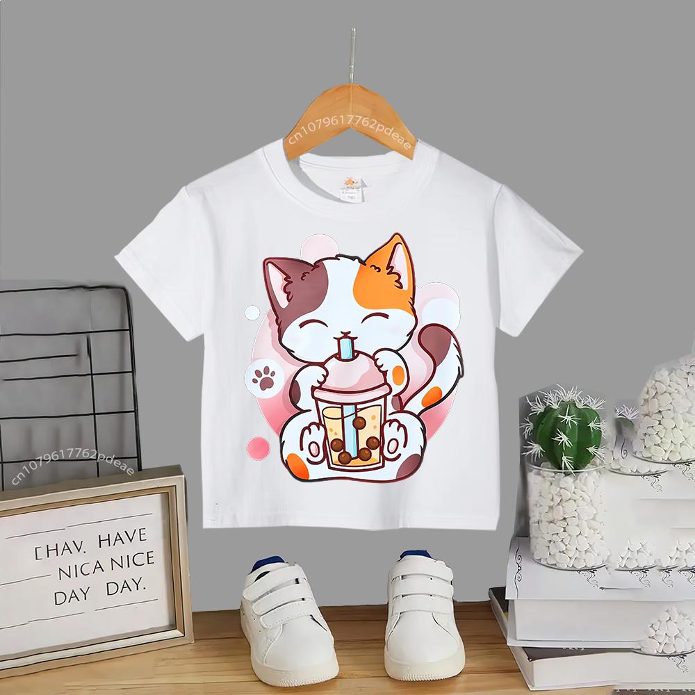 Kinder Sommer 100% Polyester T-Shirt Katze trinkt Milch kleines Mädchen Baumwoll-T-Shirt Jungen Mädchen Harajuku Top Baumwoll-T-Shirt Top