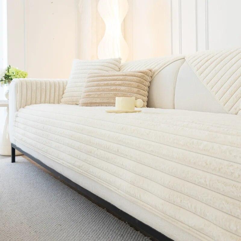 

Утолщенный серый диван-полотенце с кроликом, плюшевый чехол для дивана в прямую полоску, утолщенный L, нескользящая однотонная подушка для дивана для гостиной