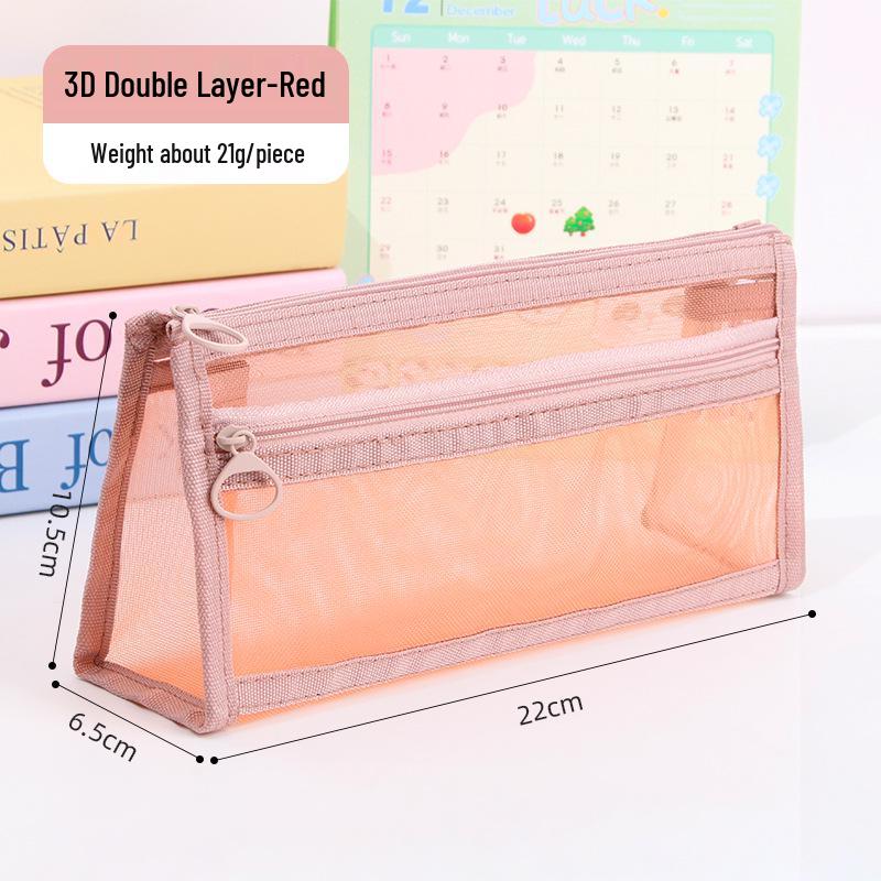 Morandi Transparent Mesh Double-Layer Pencil Bag: Large Capacity, Zipper, Perfect for Students