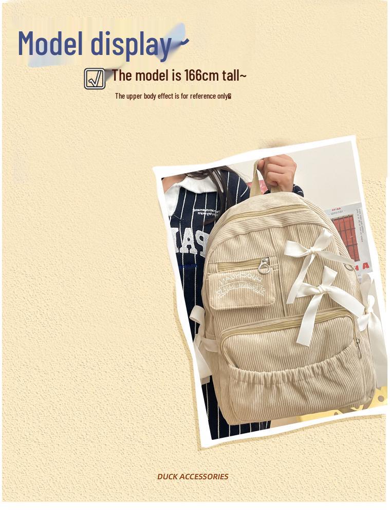 Girls' Corduroy School Backpack with Ribbon Bow - Perfect for High School and College