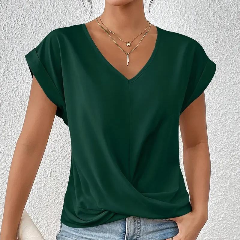 Ladies Summer Short Sleeve V Neck Knot Breathable Solid Color Pullover T Shirt Top