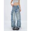 Damen Deconstructed Cargo-Jeans mit mehreren Taschen und Rissen - Gewaschen, Lockerer Gerader Weiter Bein