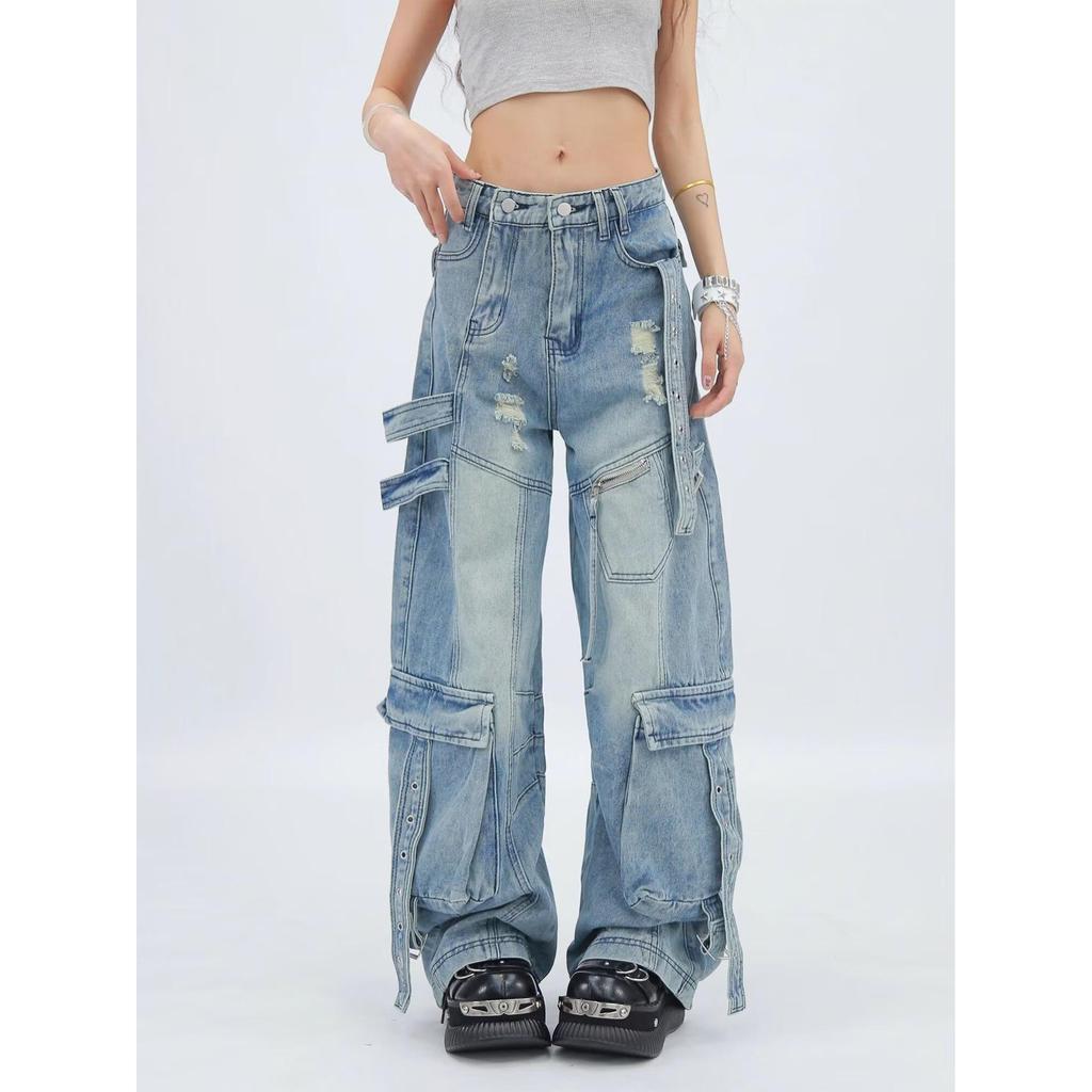 Damen Deconstructed Cargo-Jeans mit mehreren Taschen und Rissen - Gewaschen, Lockerer Gerader Weiter Bein