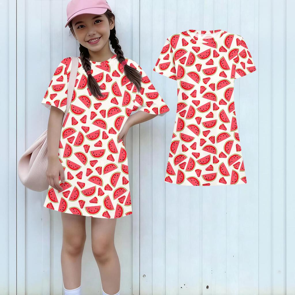 Girls Print Casual Dress Kids Loose Round Neck Short Sleeve Thin Sundress