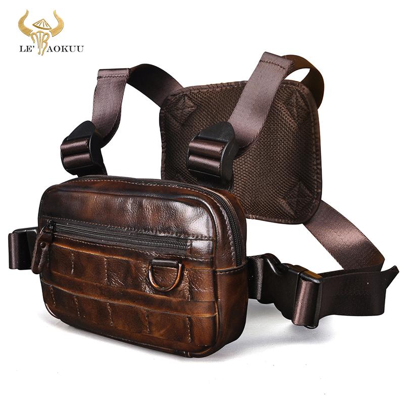 Cowhide Leather Vintage Streetwear Men Hip-Hop Chest Bag Two Straps Chest Rig Bag Trendy Style Rectangle Chest Utility Pack