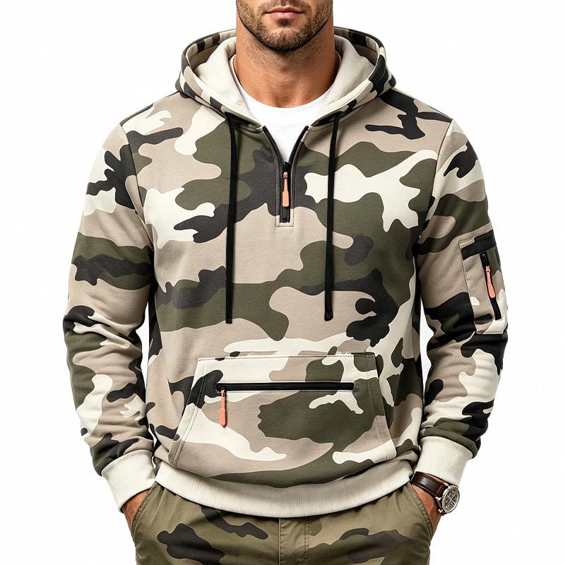 Men S Outdoor Casual Camo Fleece Half Zip Hooded Long Sleeve Sweatshirt