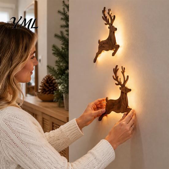 LED Backlit Silhouette Christmas Reindeer Wall Light, Wooden with Warm Backlight, Modern Farmhouse Interior Decor Battery Operated Lighted Festive Art