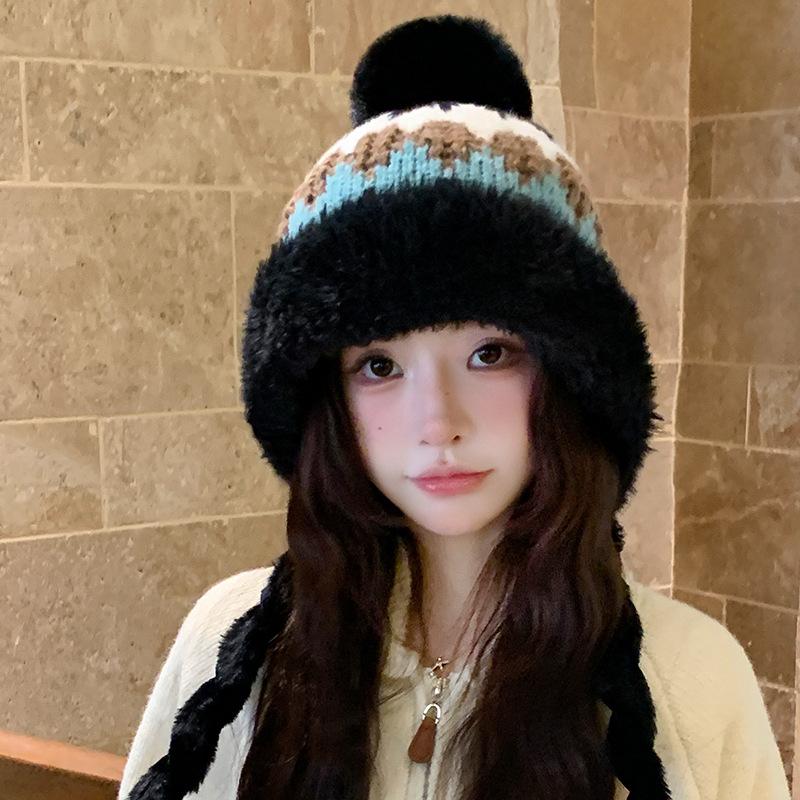 

Корейская вязаная шапка с меховым помпоном и бархатной подкладкой для женщин, в стиле Fair Isle, зимняя теплая шерстяная шапка, защита ушей, велосипедная шапка Lei Feng 54-60cm