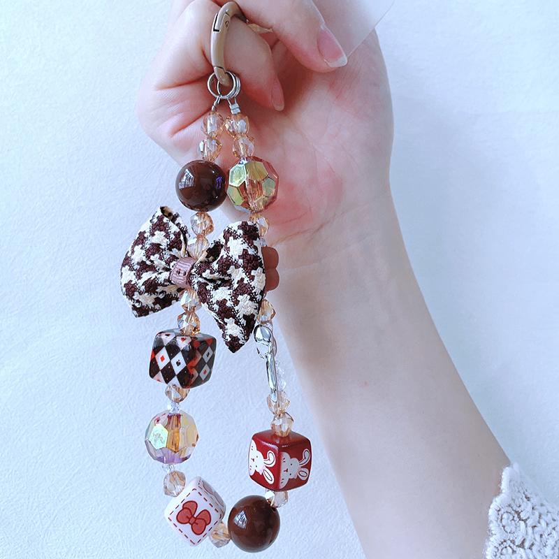 1Pcs Cute Phone Lanyard,Vintage Plaid Bow Beaded Chain for Phone Decor, Keychain for Purse Car Keys, Winter Autumn Charm Gift