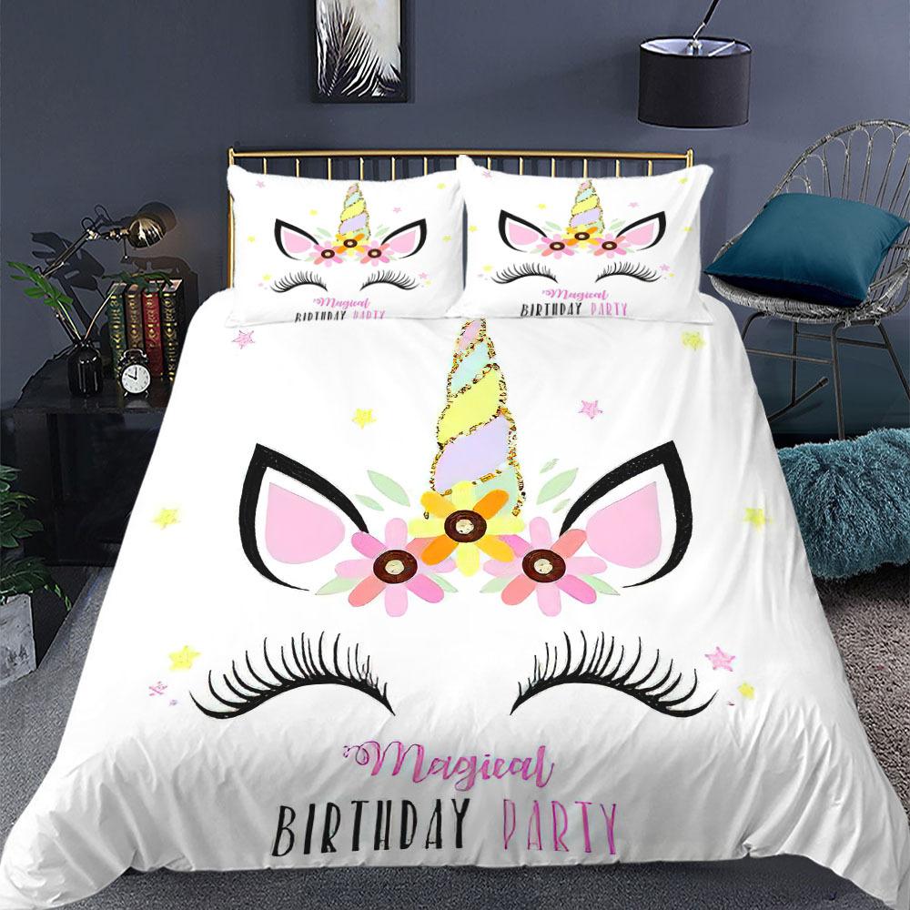 Enhörning Påslakanset King Queen Size Tecknad Färgglad Enhörning Söt Blomma Stjärna för Tonåringar Pojkar Flicka Barn Polyester Sängklädesset
