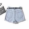 Frauen Vintage Sommer Denim Shorts mit Gürtel Reißverschluss Taschen Weibliche Retro Shorts
