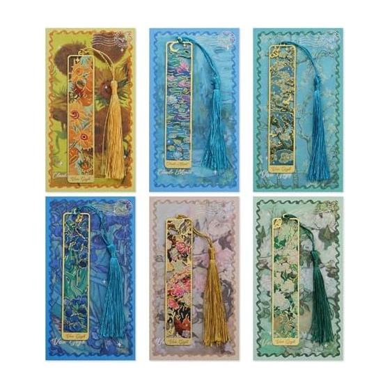 Elegant Metal Bookmarks with Tassels - Set of 6, Featuring Famous Paintings (Van Gogh) - Unique Gifts for Book Lovers, Teachers, Friends, and