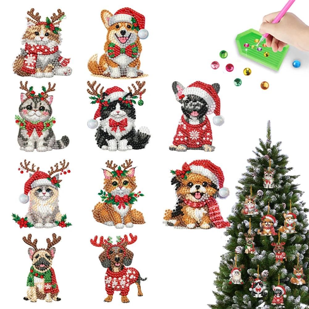 6/10/15pc Xmas Theme 2D/Flat DIY Hanging Diamond Art Kits Acrylic Rhinestone Diamond Christmas Tree Wall Window Pendant Ornament