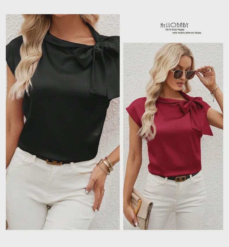T-shirt da donna in raso con colletto a fiocco e design di nicchia