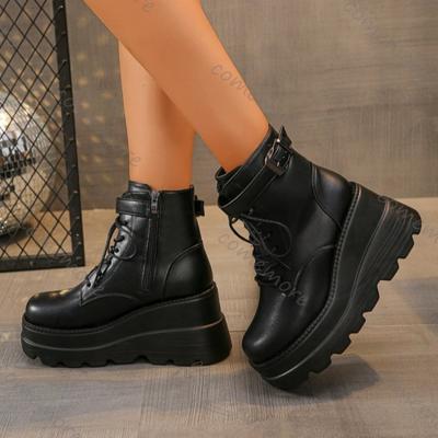 Feiern Sie Punk Style Damenschuhe Schnürschuhe Absatzhöhe 9CM Plateau Stiefeletten für Damen Gothic Kurze Stiefel Metalldekor Damenschuh