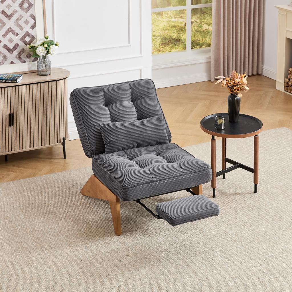 Modern Adjustable Backless Fabric Lounge Chair with Footrest, Lumbar Cushion and Wooden Legs for Living Room/bedroom/study Room (grey Corduroy)