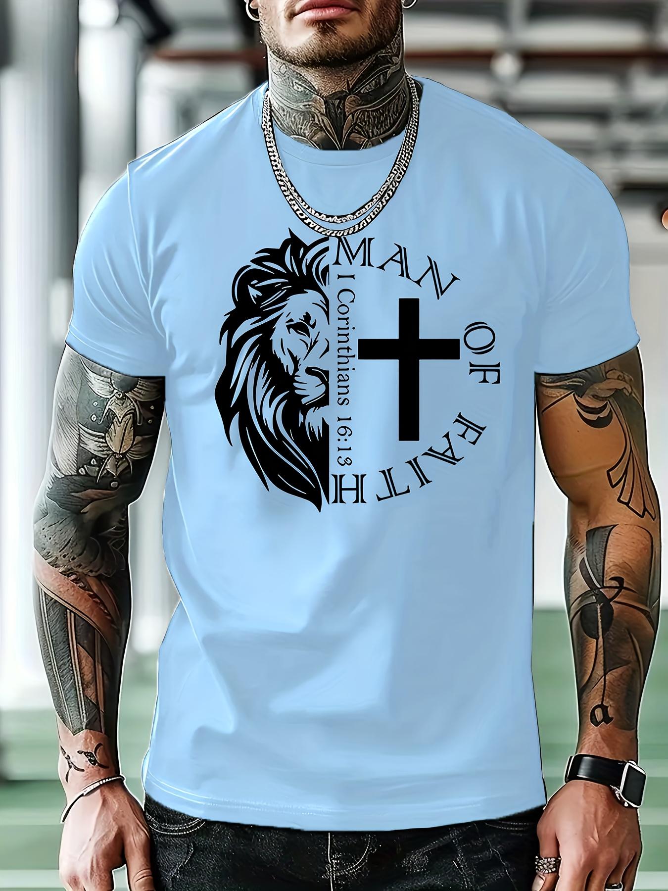 

Graphic Short-Sleeve Crewneck T-shirt - for Man of God Lion & Cross Design XXXXL