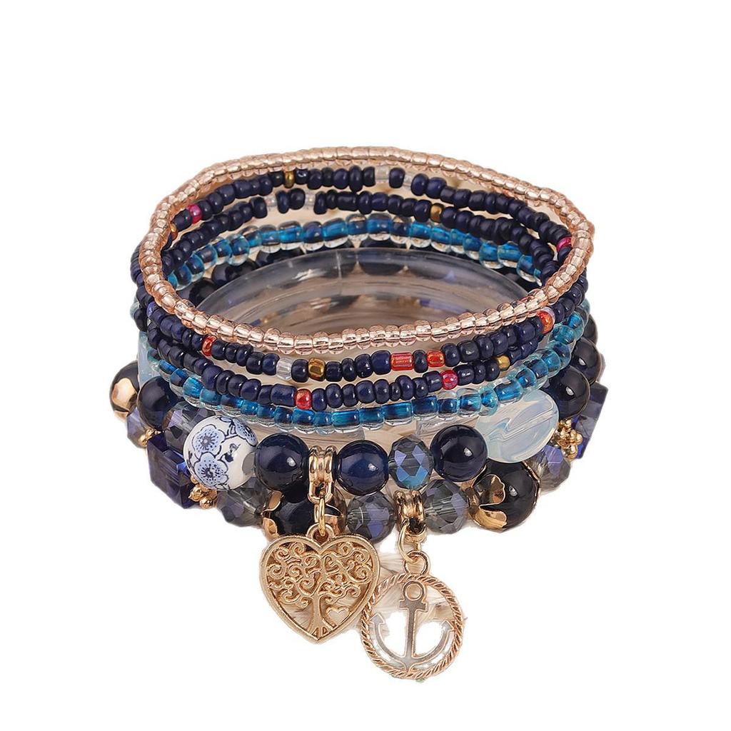Bohemian Exquisite Beaded Bracelet with Heart, Tree of Life & Anchor Pendants