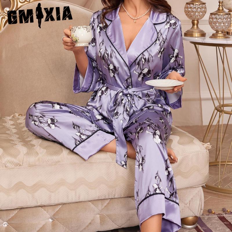 

GMXIA Пижама Осень и Зима Женская Имитация Шелка Французский Кардиган На Шнуровке Халат Пижамные Брюки Высокое Качество Домашний Костюм XL фиолетовый