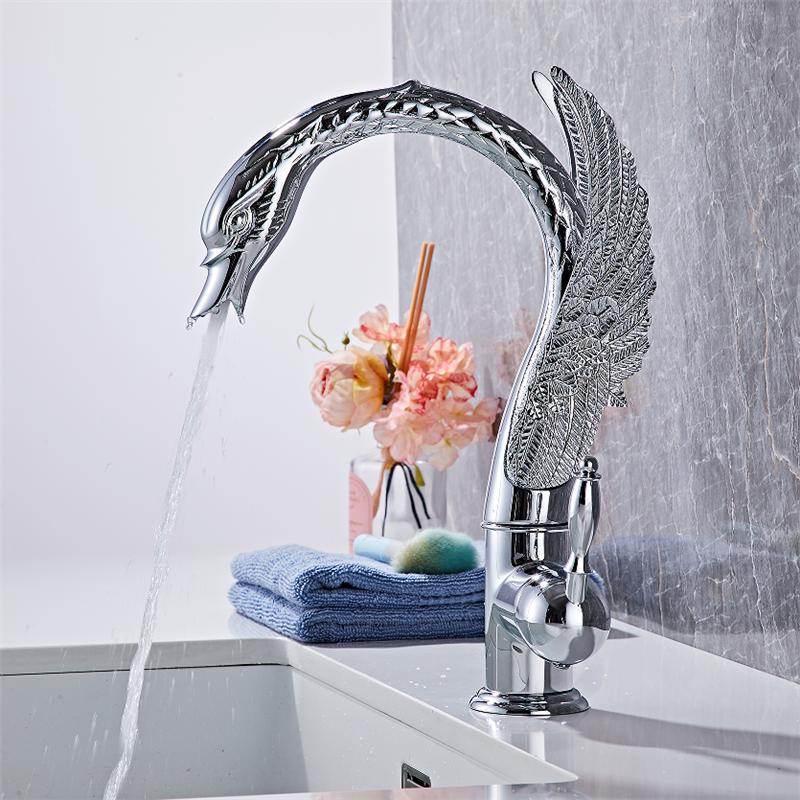 

Tuqiu Gold Swan Смеситель для ванной комнаты, античный латунный смеситель для раковины, хромированный смеситель для раковины, водопадный кран с горячей и холодной водой