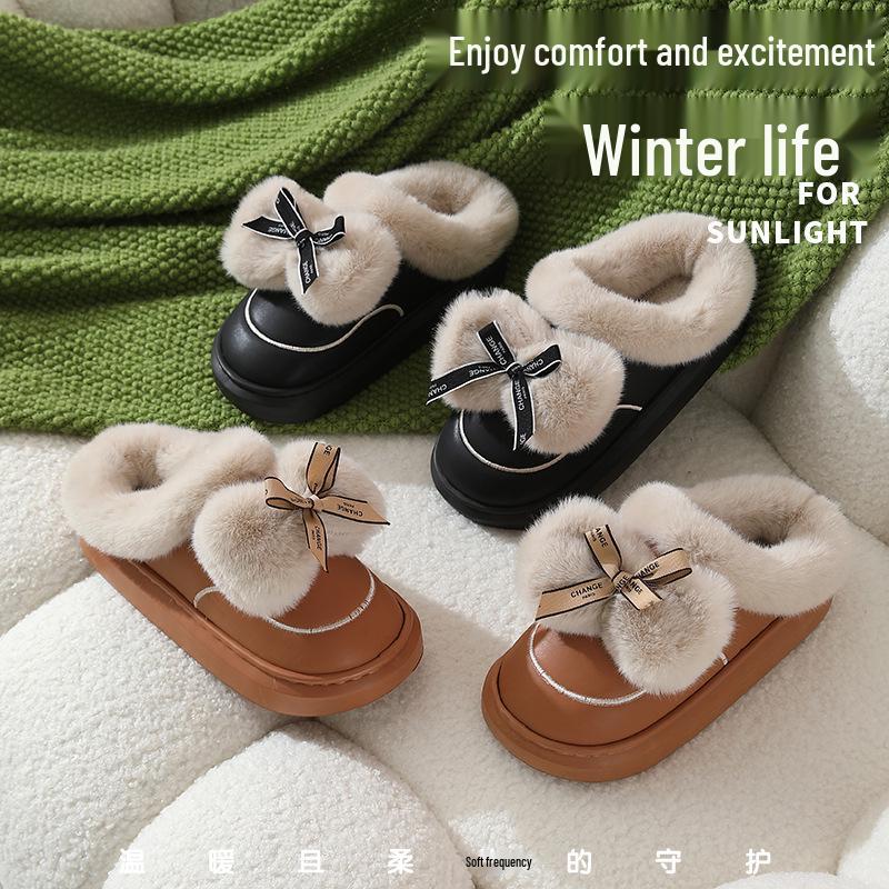 Waterproof Leather Bow Fur Women's Slippers - Thick, Cute, Relaxing Cotton Indoor/Outdoor Shoes