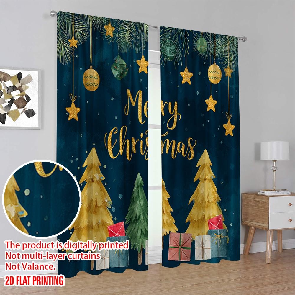2 Stück, 2D-Flachdruck Druckvorhänge Weihnachtskiefern Vielseitiger Stoff (ohne Stange) Ganzjahresnutzung für Wohnzimmer,