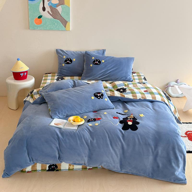 Cartoon Sticker Embroidered Thickened Milk Fleece Four-Piece Set Coral Fleece Thermal Bed Sheet Quilt Cover Student Bedding