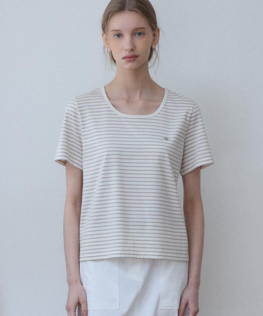 OURHOPE Logo Striped U-Neck T-Shirt - Beige
