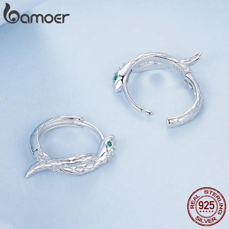 Bamoer 925 Sterling Silver Snake Hoop Earrings for Women Green Zircon Eyes Lightweight Ear Buckles Statement Fine Jewelry