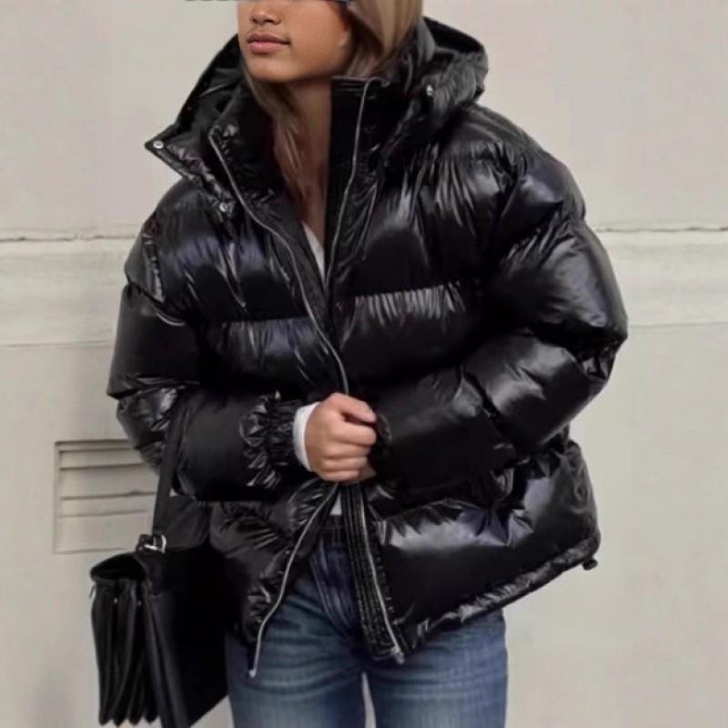 Ins Style Winter Hooded Puffer Jacket Solid Color PU Leather Cotton Coat Loose Fit Women