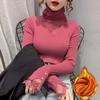 Women Velvet Bottoming Shirt Add Autumn And Winter Mesh Lace Stitching Turtleneck Slim Knit Lady Shirt Blusa