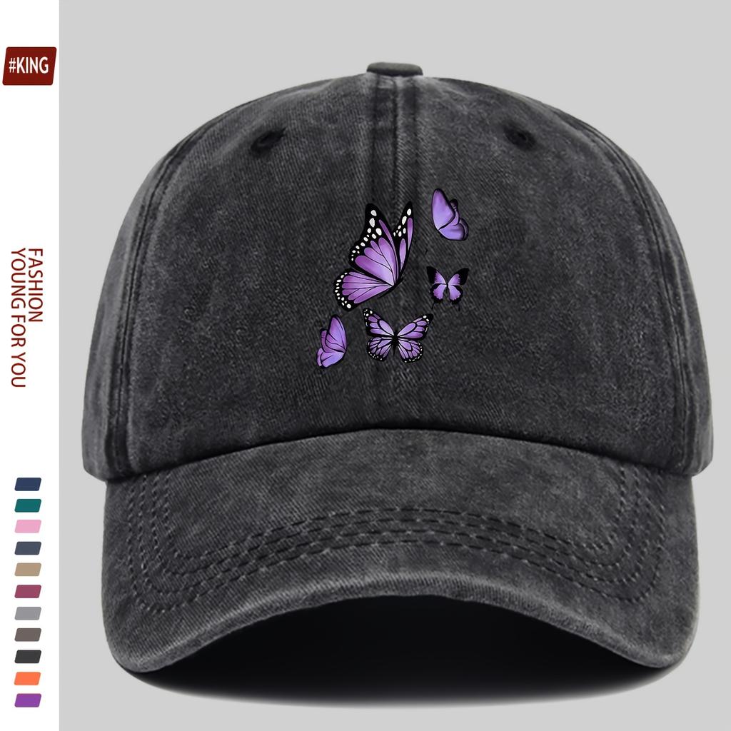 New Simple Versatile Butterfly Print Washed Vintage Soft Top Sunshade Baseball Cap Unisex Baseball Cap