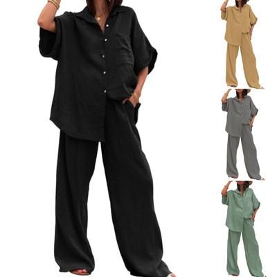 Women's Summer Cotton and Linen Suit Casual Short-sleeved Lapel Shirt Straight Trousers Two-piece Set