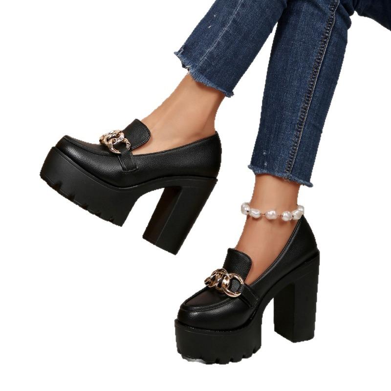 Metal Chain Professional Shoes Women's 2025 Autumn New Thick-heeled Plus-size High-heeled Shoes