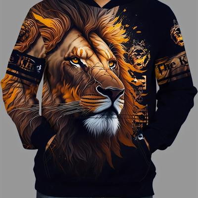 Men's Casual Lion 3D Print Hoodie: Trendy All-Season Comfort with Kangaroo Pocket, Durable Stretch Fabric