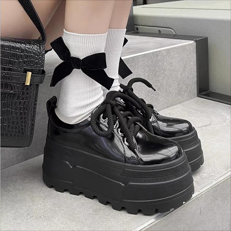 Fashion 8cm Super High Heels Microfiber Leather Autumn Casual Shoes Flat Platform Loafers Dating School Lace Up Women Pumps cosplay
