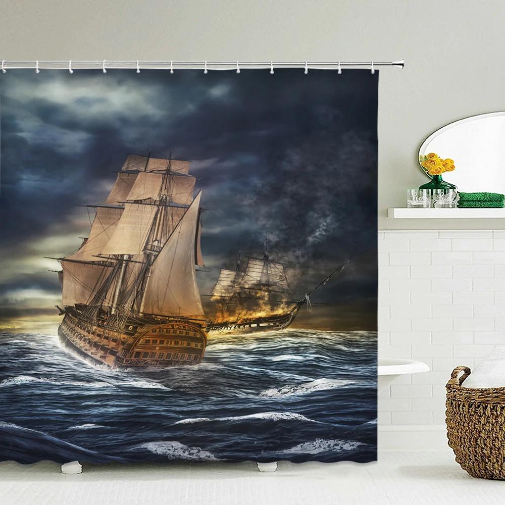 

Old Pirate Ship Sea Shower Curtains 3D Printing Bath Curtain With 12 Hooks Bathroom Waterproof Polyester Cloth Bath Screen W90xH180cm
