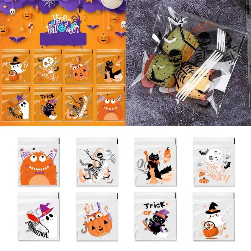 100pcs Halloween Candy Bag Self-adhesive Plastic Treat Bags for Cookie Snack Gift Clear Bags Set for Halloween Party