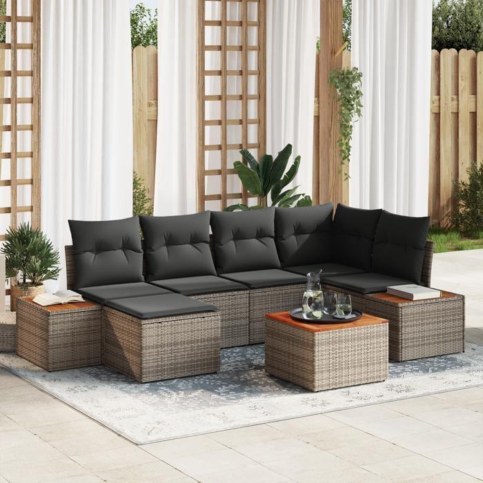 VidaXL Ensemble de canapé de jardin 7 pièces avec coussins gris poly rotin acacia 3348125