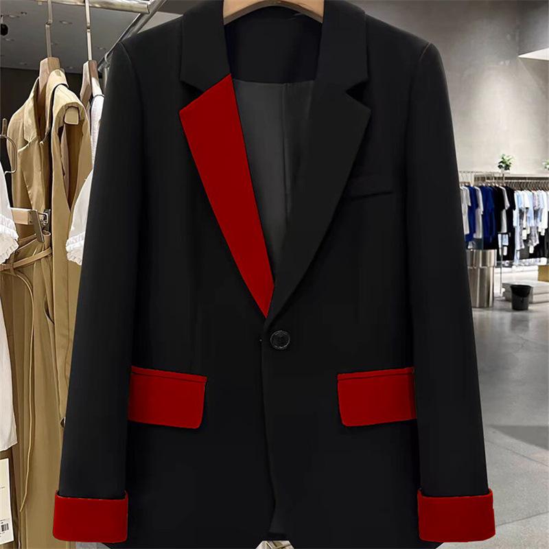 Dámské černé barevně blokované patchworkové sako - 2025 Nový stylový lehký luxusní oblek