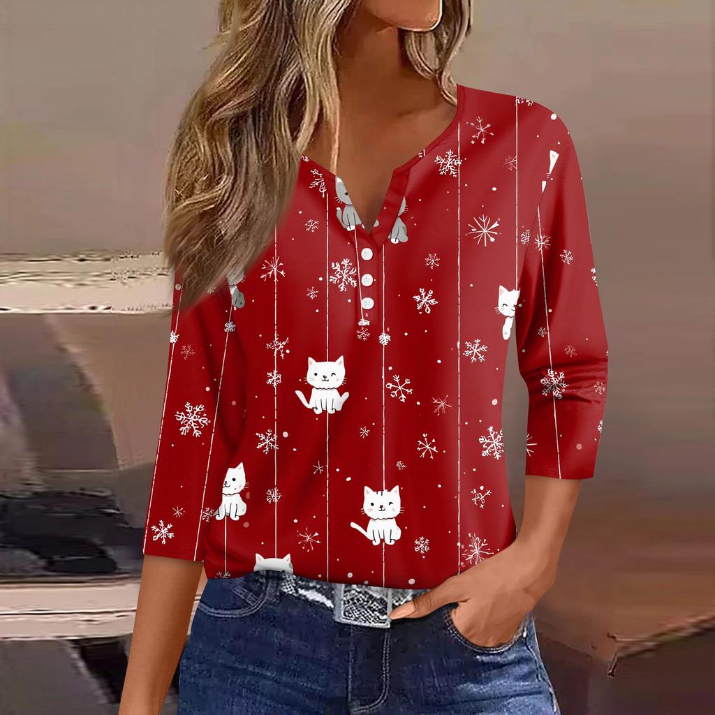 Women's T Shirt Tee Christmas Printed Button 3/4 Sleeve Tunic Daily Weekend Fashion Basic V- Neck Regular Top