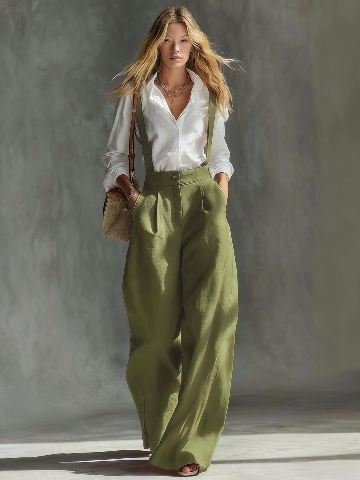 

2026 New Style Retro High-Waisted Wide-Leg Overalls Medium зелений