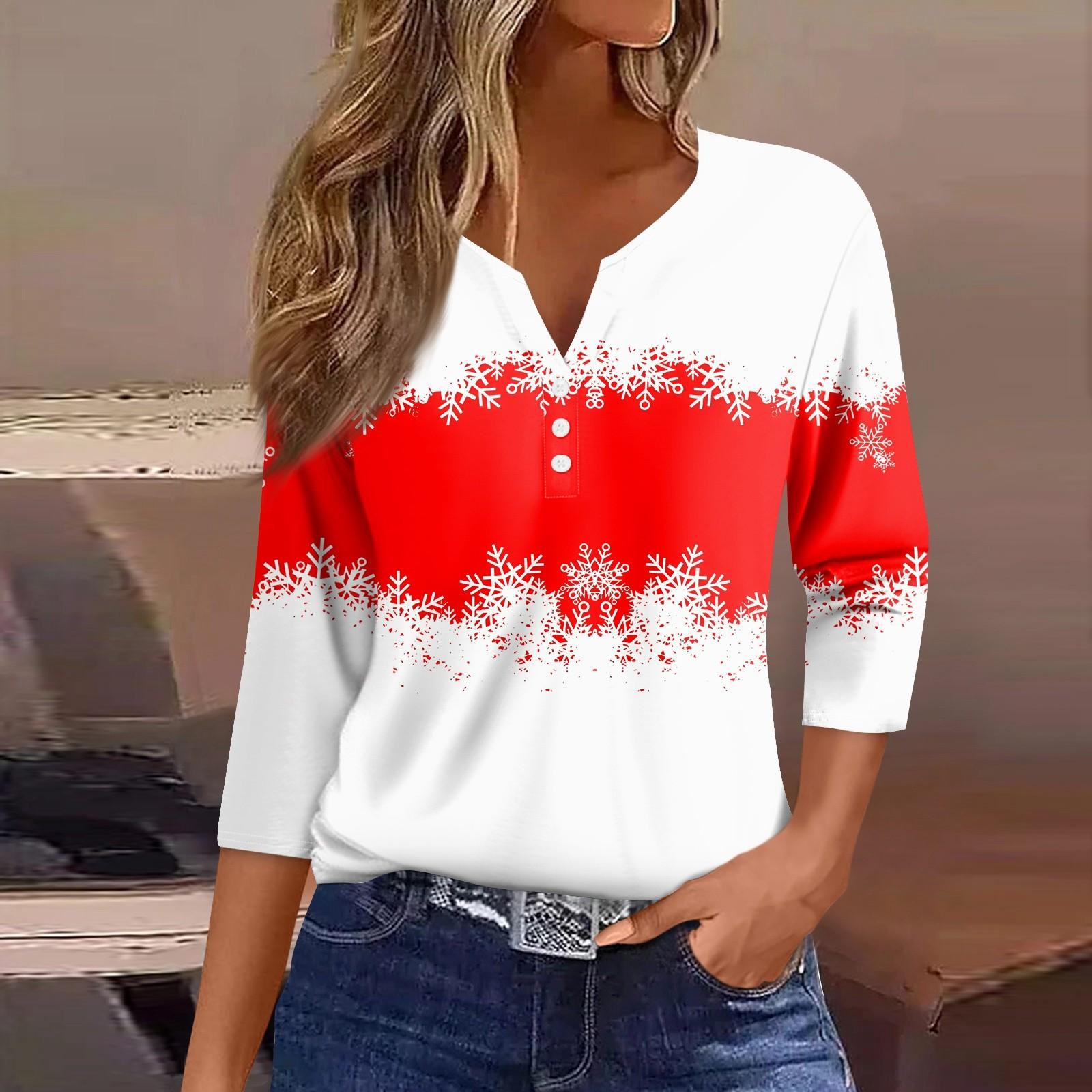 

Женская футболка с рождественским принтом, на пуговицах, рукав 3/4, повседневная мода на выходные, базовый топ с V-образным вырезом XXXL