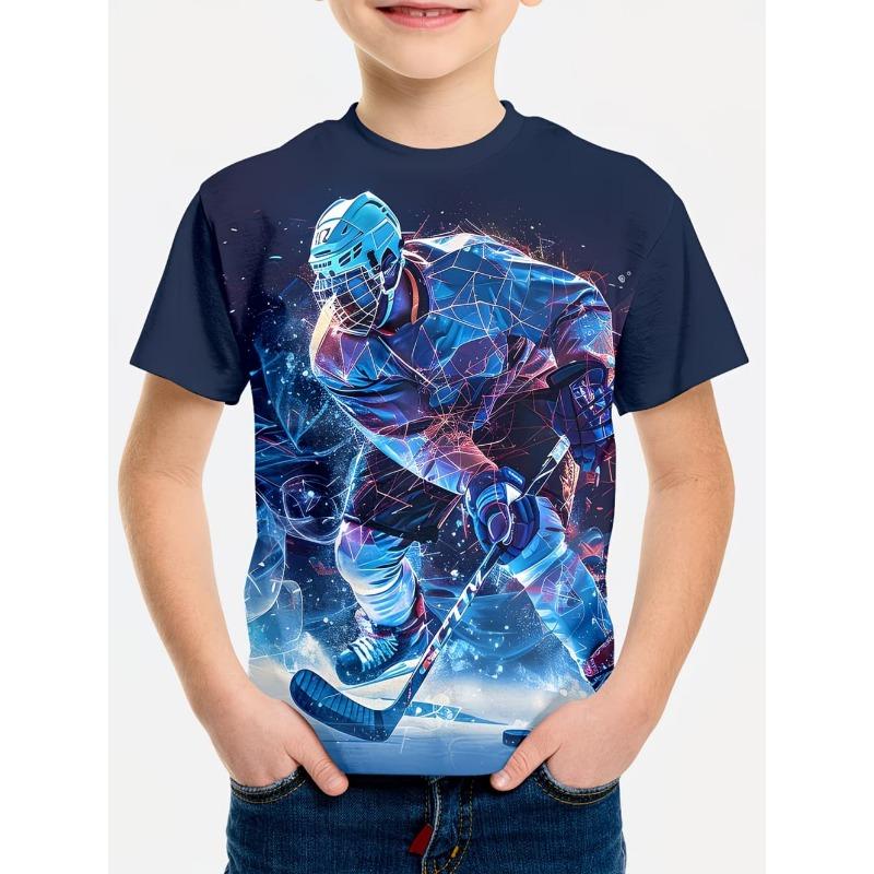 Junge, der Hockey liebt, Grafik-T-Shirt, Sommer-Kurzarm-T-Shirt für Kinder, Tägliches Lässiges Sport-Kinderkleidung, Oberteile, Kinderkleidung