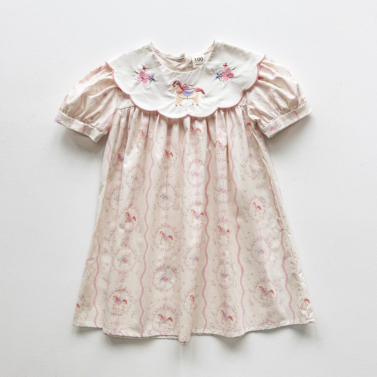 Girls Summer Floral Print Dress With Flower Collar And Pony Embroidery Puff Sleeve Children Skirt 90cm