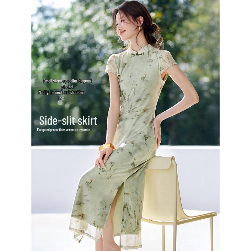 Mohan Yimei New Chinese Style Elegant Mesh Slit Qipao Dress