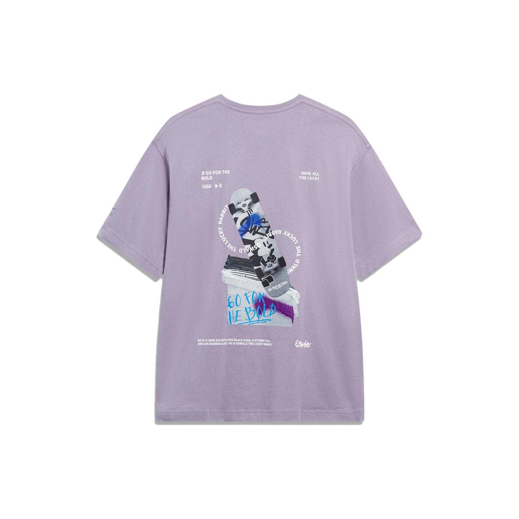 Li-Ning X Disney Round Neck Letter Print Loose Short Sleeve T-Shirt Unisex Tops Smoky-Purple AHST315-5
