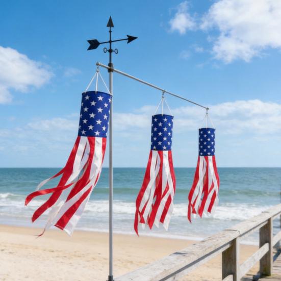LED Patriotic Windsock, Red White Blue American Flag Wind Sock with 10 Streamers, 3 Lighting Modes, 4th of July Outdoor Flag Decor